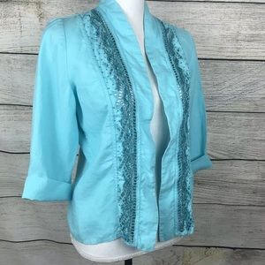 Chico’s linen embellished open front blue 3/4 length sleeve jacket